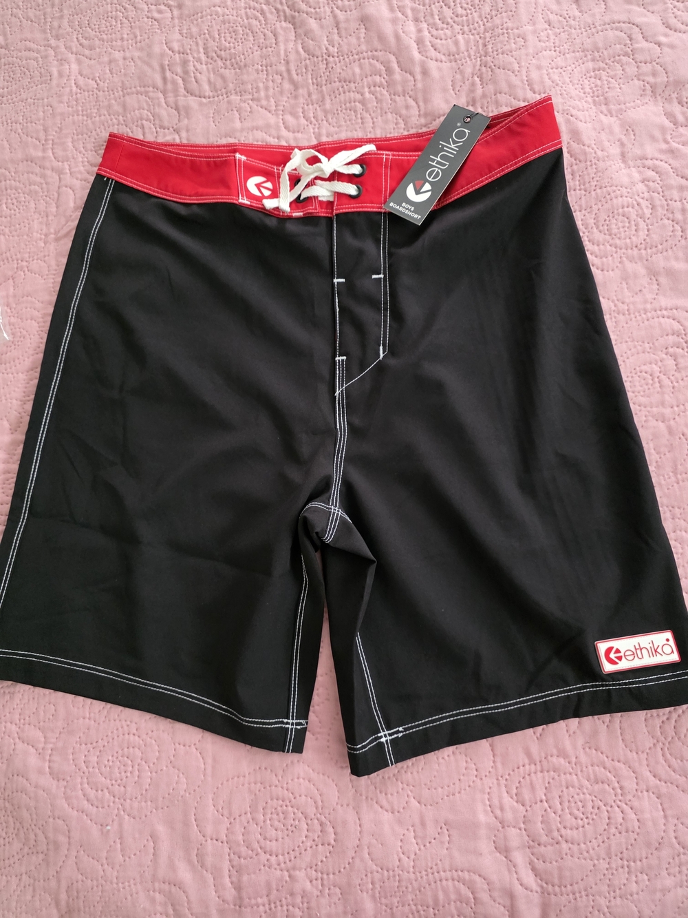 ethika Black Swim Board Shorts with Red Waistband